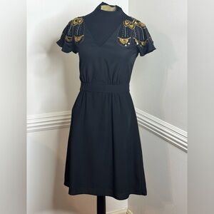 Sequin Shoulder Black Dress with Gold Accents